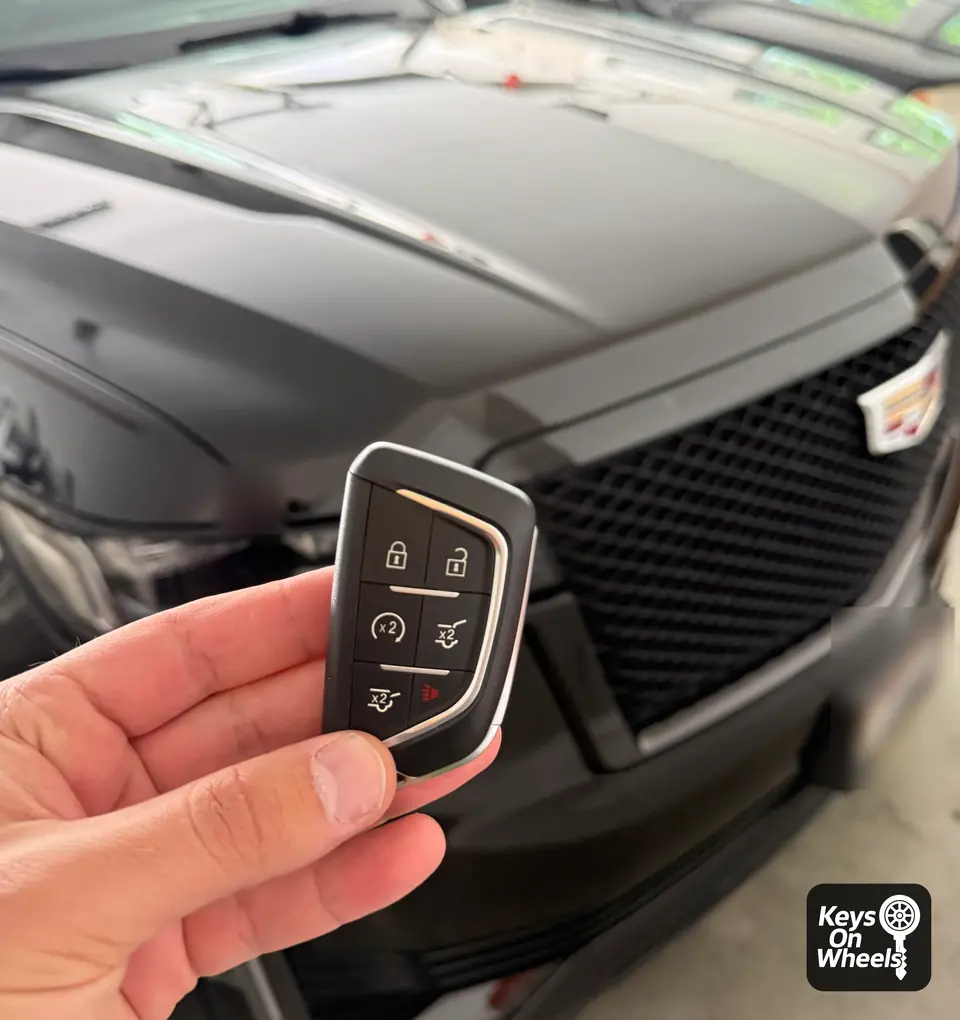 Cadillac smart key with six buttons, held in front of a dark gray Cadillac in Eagle