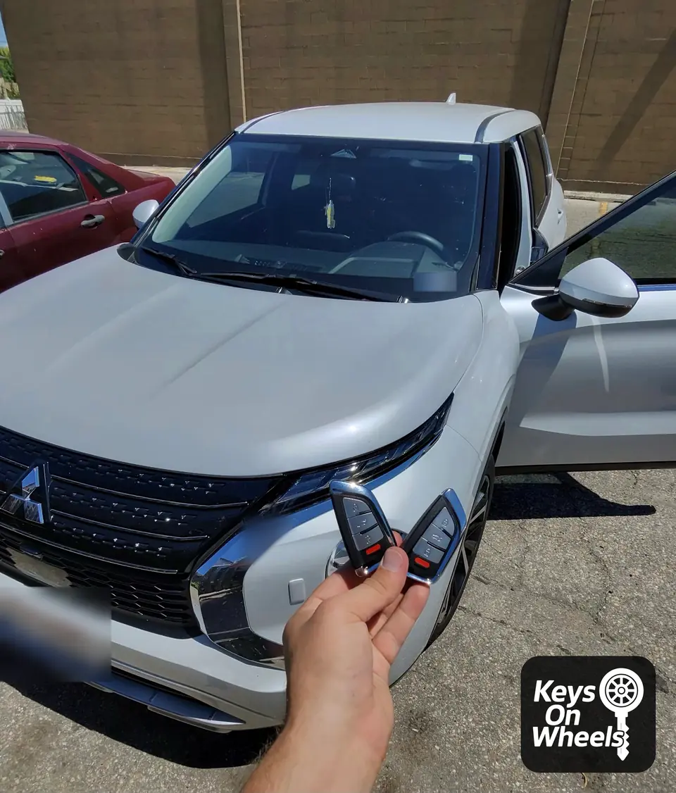 Two four-button smart keys held up beside the headlight of a white Mitsubishi